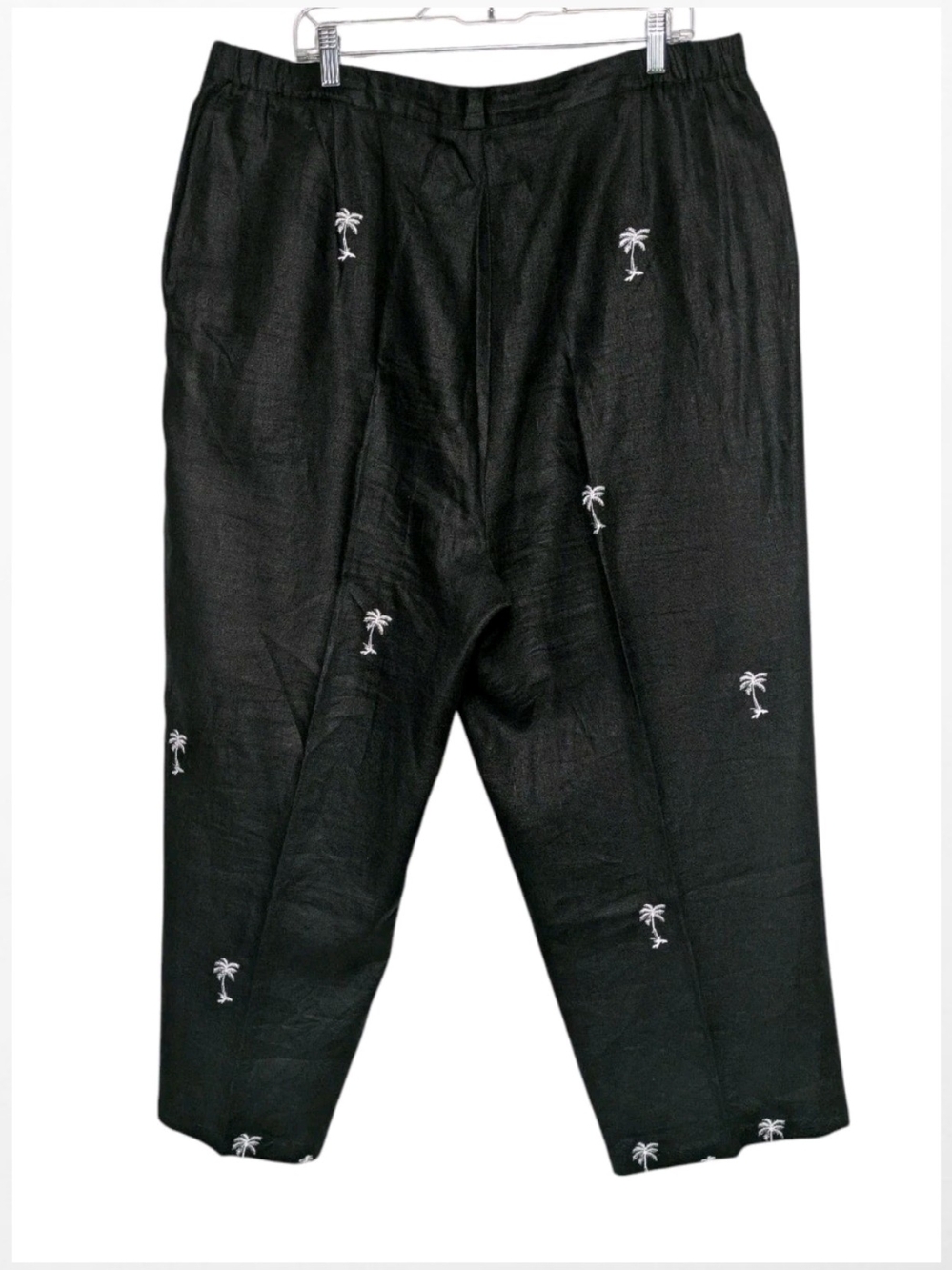 Jillian Jones Black Embroidered Palm Tree Linen Cropped Pants